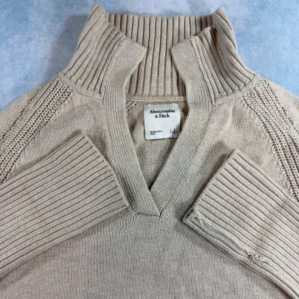Abercrombie & Fitch Sweater Womens S Beige Good Split Neck Ribbed Knit Pullover